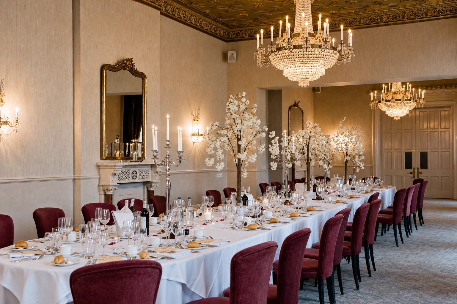 The banqueting room at Walton Hall laid for dinner, with a gilded ceiling, crystal chandeliers and burgundy upholstered chairs