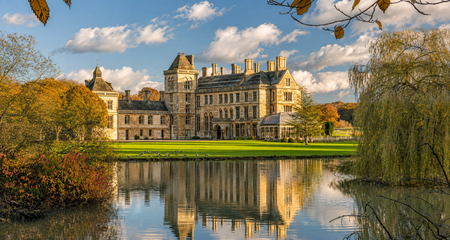 Walton Hall's stone facade reflected in the lake, seen across the grounds in autumn