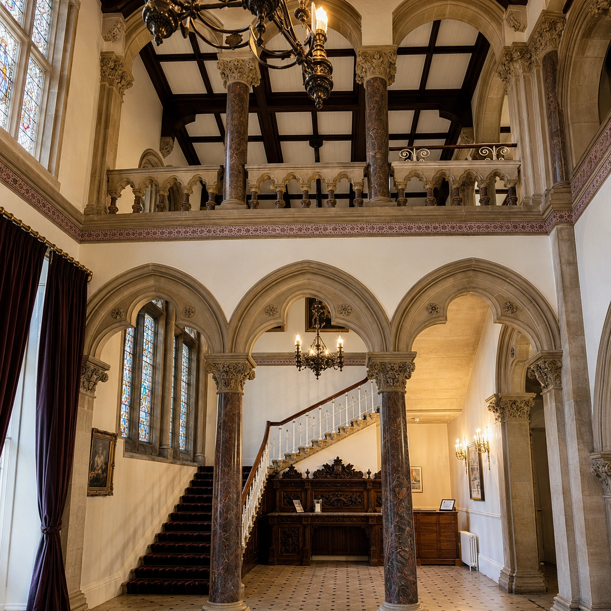 The great hall at Walton Hall, with gothic stone arches, marble columns, stained glass windows and a galleried landing above the staircase